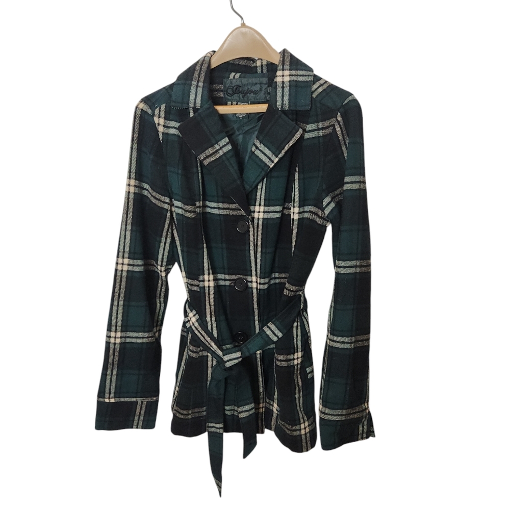 Jou Jou Green Blackwatch Plaid Trench Belted Wool Blend Jacket Size XL